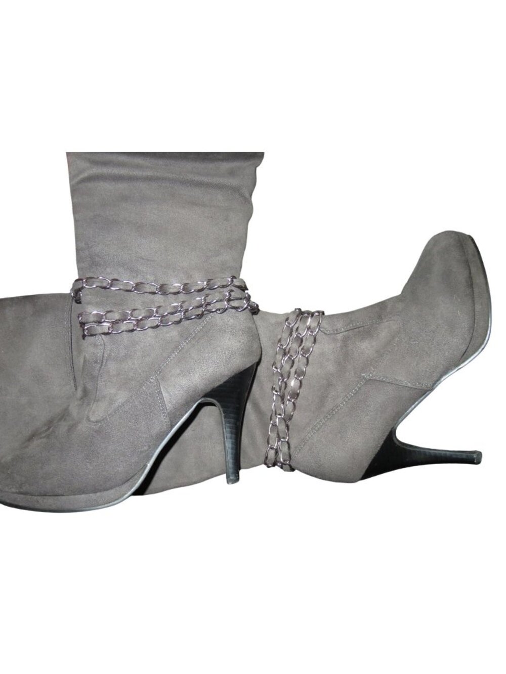 Anna Dark Grey Suede Leather Chain Embellished High Boots size 8